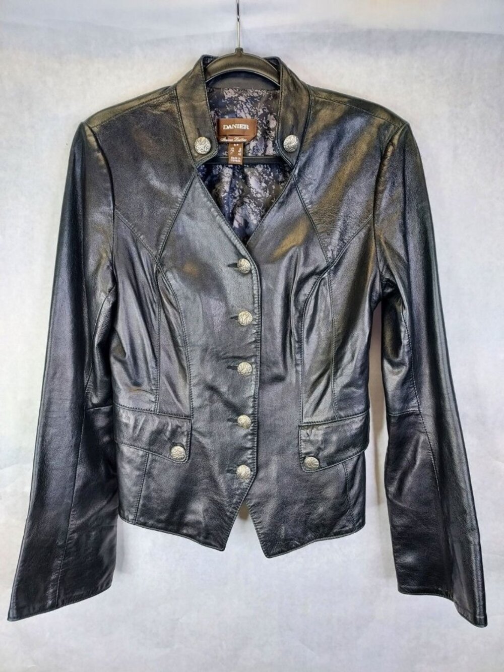 DANIER Button Up Leather Jacket Women's S Black Flared Sleeve Biker Goth Witchy